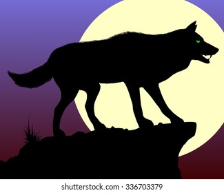 Black Wolf. Silhouette of the wolf in the background of the moon. Vector illustration.
