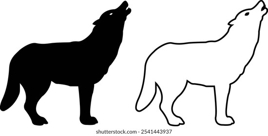 Black wolf silhouette cutout icon set. Flat and line vector wolf animal collection isolated on transparent background. Front and side view print tribal tattoo howling design Pagan familiar spirit art