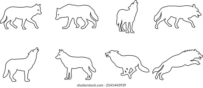 Black wolf silhouette cutout icon set. line vector wolf animal collection isolated on transparent background. Front and side view print tribal tattoo howling design Pagan familiar spirit art