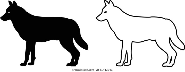 Black wolf silhouette cutout icon set. Flat and line vector wolf animal collection isolated on transparent background. Front and side view print tribal tattoo howling design Pagan familiar spirit art