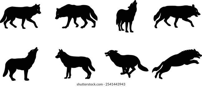 Black wolf silhouette cutout icon set. Flat vector wolf animal collection isolated on transparent background. Front and side view print tribal tattoo howling design Pagan familiar spirit art