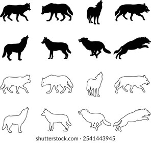 Black wolf silhouette cutout icon set. Flat and line vector wolf animal collection isolated on transparent background. Front and side view print tribal tattoo howling design Pagan familiar spirit art