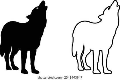 Black wolf silhouette cutout icon set. Flat and line vector wolf animal collection isolated on transparent background. Front and side view print tribal tattoo howling design Pagan familiar spirit art