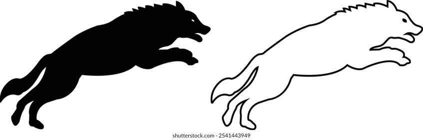 Black wolf silhouette cutout icon set. Flat and line vector wolf animal collection isolated on transparent background. Front and side view print tribal tattoo howling design Pagan familiar spirit art