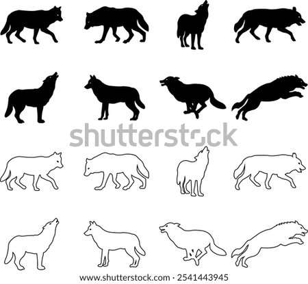 Black wolf silhouette cutout icon set. Flat and line vector wolf animal collection isolated on transparent background. Front and side view print tribal tattoo howling design Pagan familiar spirit art