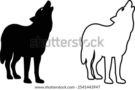 Black wolf silhouette cutout icon set. Flat and line vector wolf animal collection isolated on transparent background. Front and side view print tribal tattoo howling design Pagan familiar spirit art