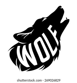 Black Wolf Silhouette of wolf howls with text inside him isolated on white background.