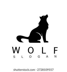 Silhueta de lobo negro sentado uivando para cima. Logotipo vetorial minimalista simbolizando liberdade, lealdade, natureza selvagem, força e identidade de marca moderna