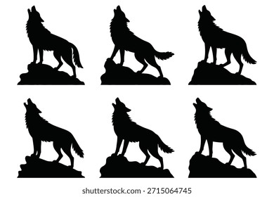 Silhuetas de lobo negro uivando sobre rochas fundo branco