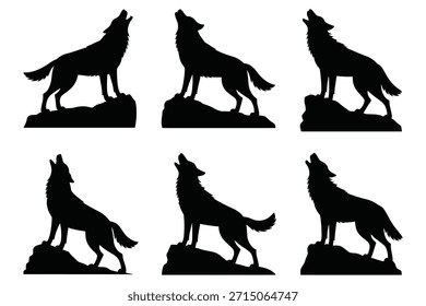 Silhuetas de lobo negro uivando sobre rochas branco