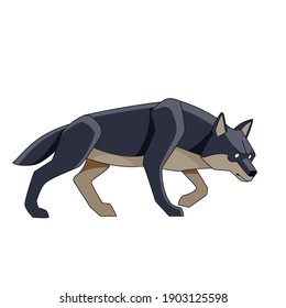 Black wolf watches for potential prey. Cartoon character of a dangerous mammal animal. A wild forest creature with dark fur. Side view. Vector flat illustration isolated on a white background.