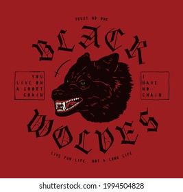 Lobos negros liberan tipografía gótica vintage al estilo de calle animal salvaje estampado de camisetas. ilustración de vector de cabeza de lobo enojado