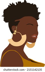 Black woman abstract portrait. Beautiful young african american girl with natural curly hair wearing in yellow mustard top. Modern minimalist flat vector illustration isolated on white background.