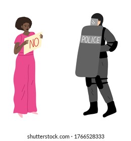 Black woman activist getting riot police resistance during strike for human rights