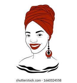 Black woman. Afro American girl in а red turban. Fashion vector Illustration