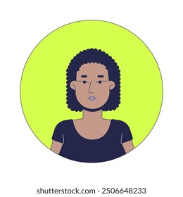 Black woman with afro curly hair 2D linear vector avatar illustration. African american female tshirt cartoon character face portrait. Corporate employee casual flat color user profile image isolated