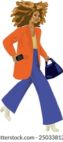 Black woman with afro hair active short holding a mobile phone and handbag vector