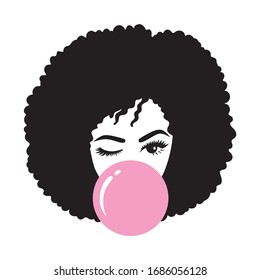 Black woman with afro hair blowing bubble gum vector illustration