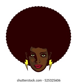 Black woman with afro hair and lightning bolt earrings vector illustration, determined groovy cool girl face