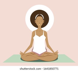 Black woman with afro hair practices yoga in the lotus pose. Healthy lifestyle and wellness concept. Flat cartoon vector illustration for meditation, Yoga Day. Isolated on light pink background.