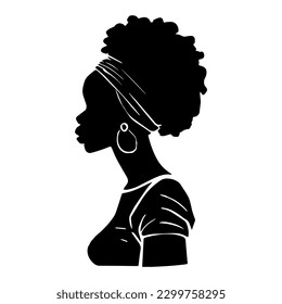 Black woman with afro hair style in silhouette. Vector illustration. Side view of African American woman with natural curly hair and earrings.