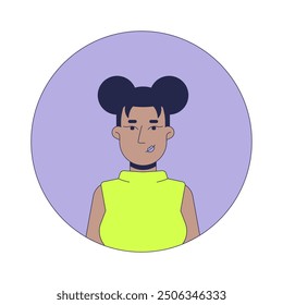 Black woman afro hair two buns 2D linear vector avatar illustration. African american female cute hairstyle cartoon character face portrait. Corporate casual flat color user profile image isolated