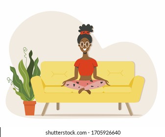 Black woman, afro hairstyle, doing yoga asana on a background of leaves. A young girl meditates in nature in the lotus position. Concept for yoga, meditation, relaxation, healthy lifestyle. Vector