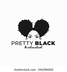 Black Woman With Afro Ponytail Hairstyle. Afro Woman Pretty Black And Educated Logo On White Background