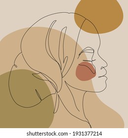 Black woman afro portrait with geometric shapes background. Female profile continuous line art. Black beauty concept. Vector abstract person Illustration for avatars, fashion, contemporary wall design