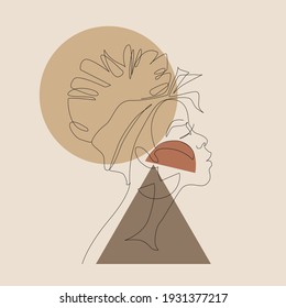 Black woman afro portrait with geometric shapes background. Female profile continuous line art. Black beauty concept. Vector abstract person Illustration for avatars, fashion, contemporary wall design