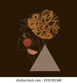 Black woman afro portrait with geometric shapes background. Female profile continuous line art. Black beauty concept. Vector abstract person Illustration for avatars, fashion, contemporary wall design