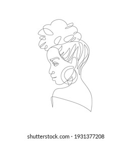 Black woman afro portrait isolated on white background. Female profile continuous line art. Black beauty concept. Vector abstract person Illustration for avatars, fashion, beauty design