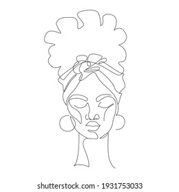 Black woman afro portrait isolated on white background. Female profile continuous line art. Black beauty concept. Vector abstract person Illustration for avatars, fashion, beauty design