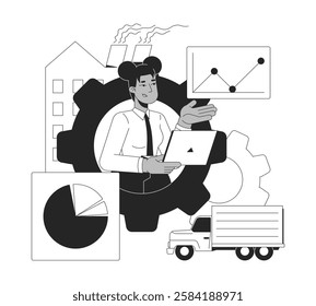 Black woman analyzing industrial and logistics data black and white 2D illustration concept. Supply chain. African american female manager outline character isolated. Metaphor monochrome vector art