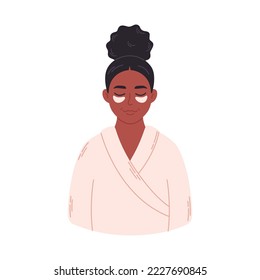 Black woman applying collagen patch on skin under eye. Skin care, treatment for wrinkles, eyes bags. Hand drawn vector illustration