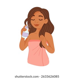 Black woman applying hair spray during beauty routine