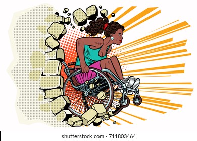 Black Woman Athlete In A Wheelchair Punches The Wall. African American Person In Sports. Barrier-free Environment For Disabled. Pop Art Retro Vector Illustration