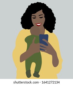 Black Woman With A Baby In Her Arms Looks At The Phone. Vector Flat Concept.