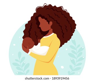 Black woman with baby. Motherhood, parenting concept. Mother's Day. Vector illustration.