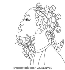 Black woman Bantu knots hairstyle modern girl hairstyle vector coloring page illustration