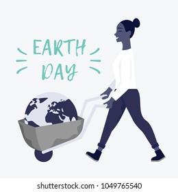 Black Woman With Barrow Wheel And A Globe. Earth Day Concept. Vector Illustration