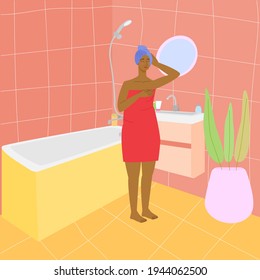 
black woman in the bathroom. girl in a towel in the bathroom. bathroom interior. stock vector illustration.