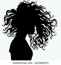 Black woman with beautifully curled hair that is hand-drawn. Girl with long lashes and finely sculpted eyebrows. Vector typeface for a business visit card idea. Ideal salon appearance.