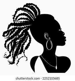 Black woman with beautifully curled hair that is hand-drawn. Girl with long lashes and finely sculpted eyebrows. Vector typeface for a business visit card idea. appearance.