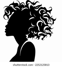 Black woman with beautifully curled hair that is hand-drawn. Girl with long lashes and finely sculpted eyebrows. Vector typeface for a business visit card idea. ideal salon appearance.