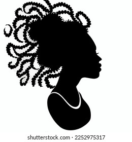 Black woman with beautifully curled hair that is hand-drawn. Girl with long lashes and finely sculpted eyebrows. Vector typeface for a business visit card idea. ideal salon appearance.