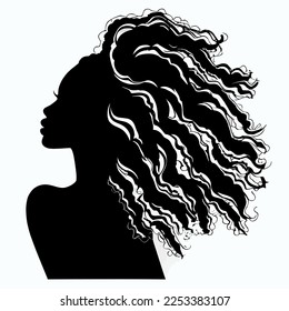 Black woman with beautifully curled hair that is hand-drawn. Girl with long lashes and finely sculpted eyebrows. Vector typeface for a business visit card idea. ideal salon appearance.