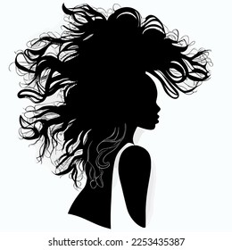 Black woman with beautifully curled hair that is hand-drawn. Girl with long lashes and finely sculpted eyebrows. Vector typeface for a business visit card idea. ideal salon appearance.