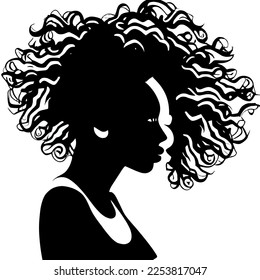 Black woman with beautifully curled hair that is hand-drawn. Girl with long lashes and finely sculpted eyebrows. Vector typeface for a business visit card idea. ideal salon appearance.