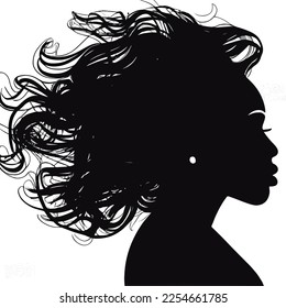 Black woman with beautifully curled hair that is hand-drawn. Girl with long lashes and finely sculpted eyebrows. Vector typeface for a business visit card idea. ideal salon appearance.